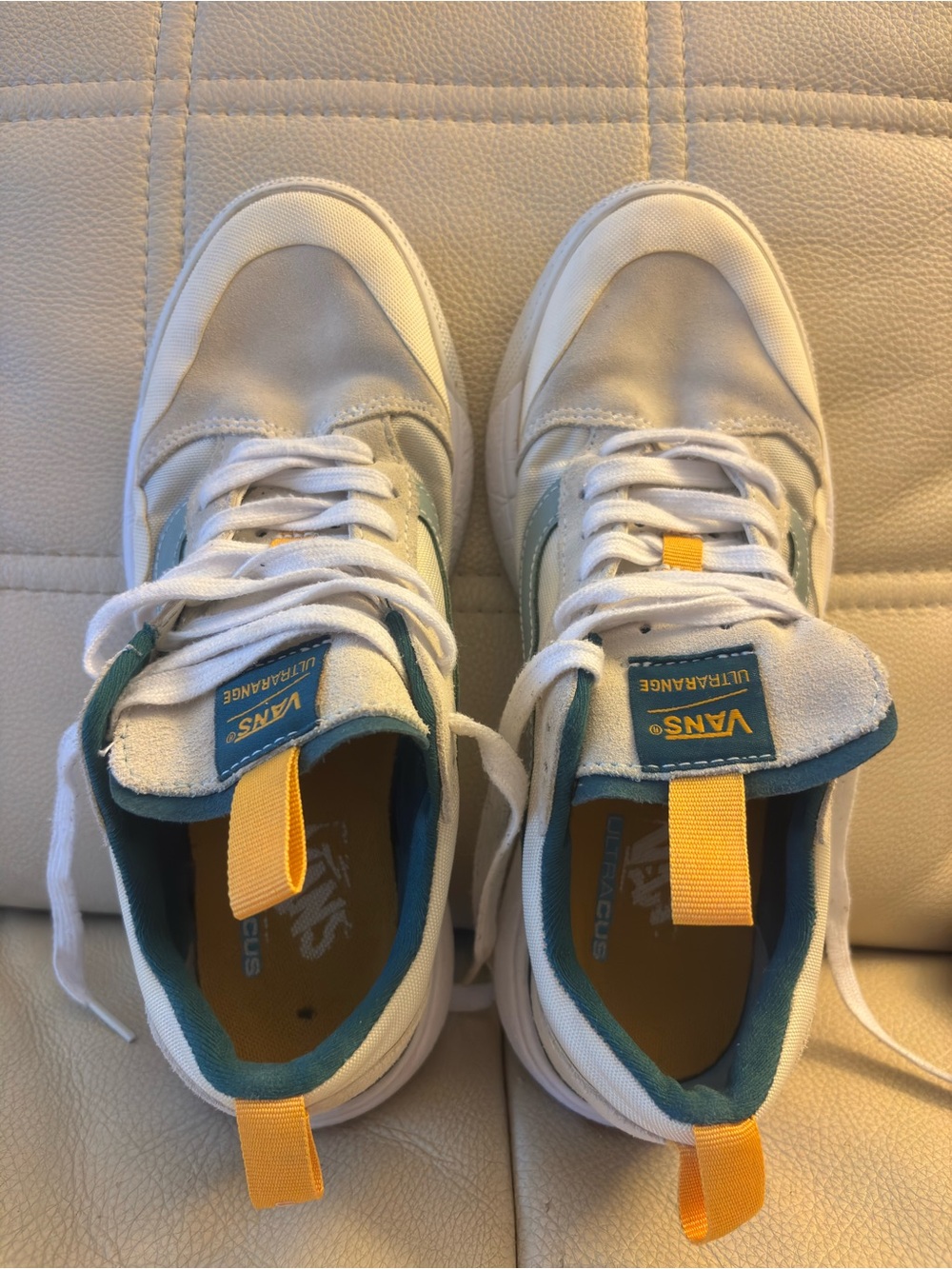 Woman shoes, White, Teal & Yellow Lace-Up Sneakers